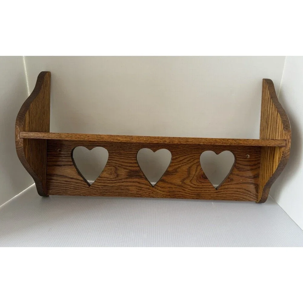 VTG Wood Wall Shelf Heart Cut Out Trinket Display 21” Handmade Cottage Farmhouse